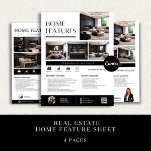 Może przedstawiać: Karta nieruchomości z funkcjami domu z tytułem "HOME FEATURES" i adresem "123 Anywhere St., Any City, ST". Karta zawiera cechy nieruchomości, ostatnie ulepszenia i zdjęcie kobiety. Karta ma 4 strony.