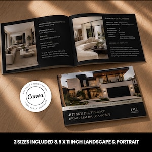 Peut inclure: Un modèle de brochure immobilière présentant des photos de l'extérieur d'une maison moderne et d'un salon. Le texte inclut les détails de la propriété au 4127 Skyline Terrace, Malibu, CA 90265. Un logo Canva circulaire est visible. Format 21,6 x 27,9 cm.