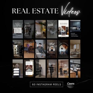 Op de afbeelding: Een promotieafbeelding voor vastgoedvideo's. De afbeelding toont een raster van 16 Instagram reel-sjablonen met tekstoverlays zoals "Tips voor kopers" en "Net vermeld". De woorden "Real Estate Videos" staan bovenaan en "60 Instagram Reels" onderaan.