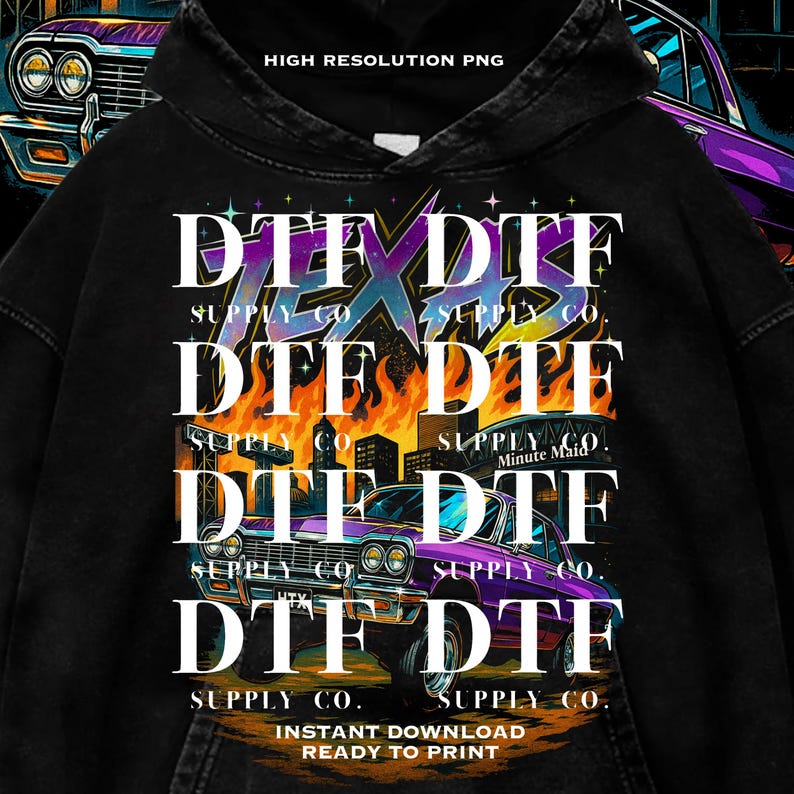 May include: Black hoodie with a graphic design featuring the text "DTF" in white, repeated multiple times. The design includes illustrations of classic cars in purple and orange, with a cityscape and flames in the background. The text "Instant Download Ready to Print" is also included.