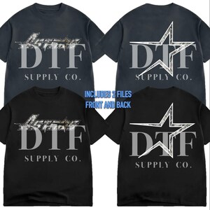 May include: Four t-shirts, two in black and two in dark gray, are displayed. Each shirt features the text "Astros DTF SUPPLY CO." or "DTF SUPPLY CO." with a star design. The image includes the text "INCLUDES 2 FILES FRONT AND BACK."