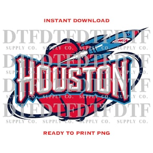 May include: A digital graphic featuring the word "HOUSTON" in white, outlined in red and blue, set against a red basketball. A blue and red rocket-shaped shark graphic is above the word. The text "INSTANT DOWNLOAD" and "READY TO PRINT PNG" are also present.