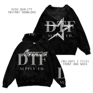 May include: Black hoodie with a front pocket and a hood. The front features the text "Actros DTF Supply Co." in a silver and white design. The back displays a star design with "DTF Supply Co." The text "High Quality Instant Download" is also visible.