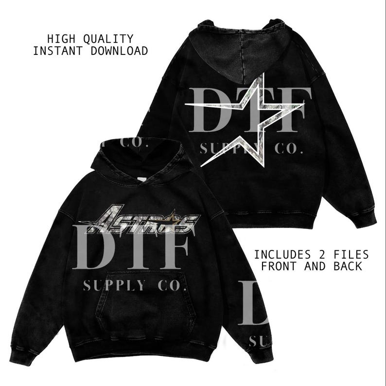 May include: Black hoodie with a front pocket and a hood. The front features the text "Actros DTF Supply Co." in a silver and white design. The back displays a star design with "DTF Supply Co." The text "High Quality Instant Download" is also visible.