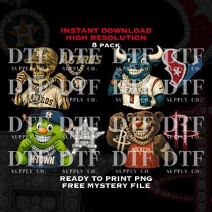 May include: A digital download graphic featuring eight designs with Houston sports team mascots and logos, each adorned with diamond chains and jewelry. Text includes "Instant Download," "High Resolution," and "Ready to Print PNG."
