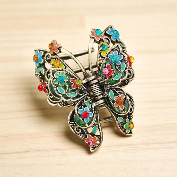 Resin Stone Butterfly Hair Claw – Retro Rhinestone Hair Clip, Big Claw Barrette for Women