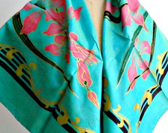 30 inch THAI SILK SCARF, Turquoise Blue, Pink Blossoms, Teal & Black Foliage, Gold Scrolls