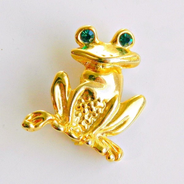 Vintage Happy Frog Brooch, Gold tone Frog Pin with Green Rhinestone Eyes