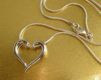 Vintage Reversible Heart Slider Pendant, Shiny Silver and Brushed Gold Heart, Silver Snake Chain