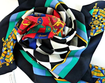 Huge ADRIENNE VITTADINI Silk Scarf, French Coat of Arms Print, vintage designer silk scarf