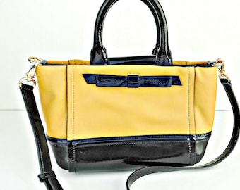 KATE SPADE Designer Handbag/Shoulder Bag/Cross Body Bag, Buff tan Leather & Black Patent MINT