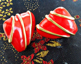 Abstract Mid Century Style Red Enamel pierced Earrings, vintage jewelry