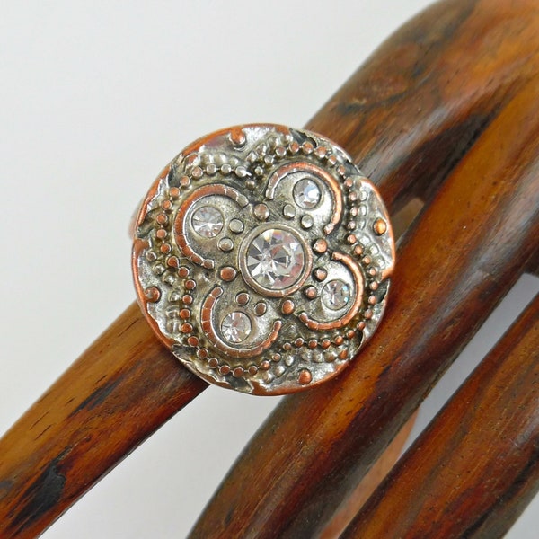 Vintage Ring, Hip CHICOS Ring, Ethnic Look Copper & Pewter Statement Ring with Rhinestones, vintage jewelry