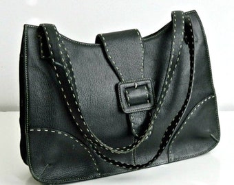 MAXX NEW YORK 1980s Black Leather Handbag, Double Handle, Black Leather with White Top Stitching, Vintage