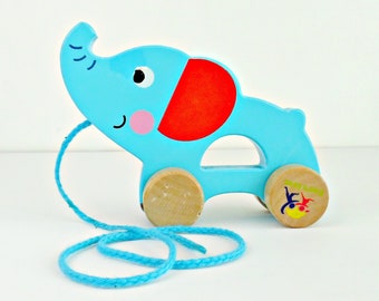 Vintage Toddler's Wooden Elephant Pull Toy Bright Blue Red and Pink Elephant on Wheels