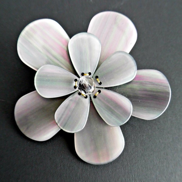 Big Acrylic Daisy Brooch, Silvery Gray Moonglow Petals, Signed Pono, Vintage Jewelry