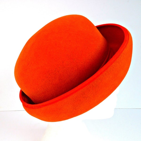 Fabulous BARNFE' Orange French Fedora with upturned wide brim, grosgrain hat band and trim, 1960s vintage high fashion hat