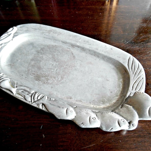 Vintage Mexican Pewter Butter Dish/Tray with Sculpted Fish, artisan butter tray