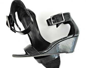 Calvin Kline Black Patent Leather Wedge Sandals with Ankle Straps size 7-8