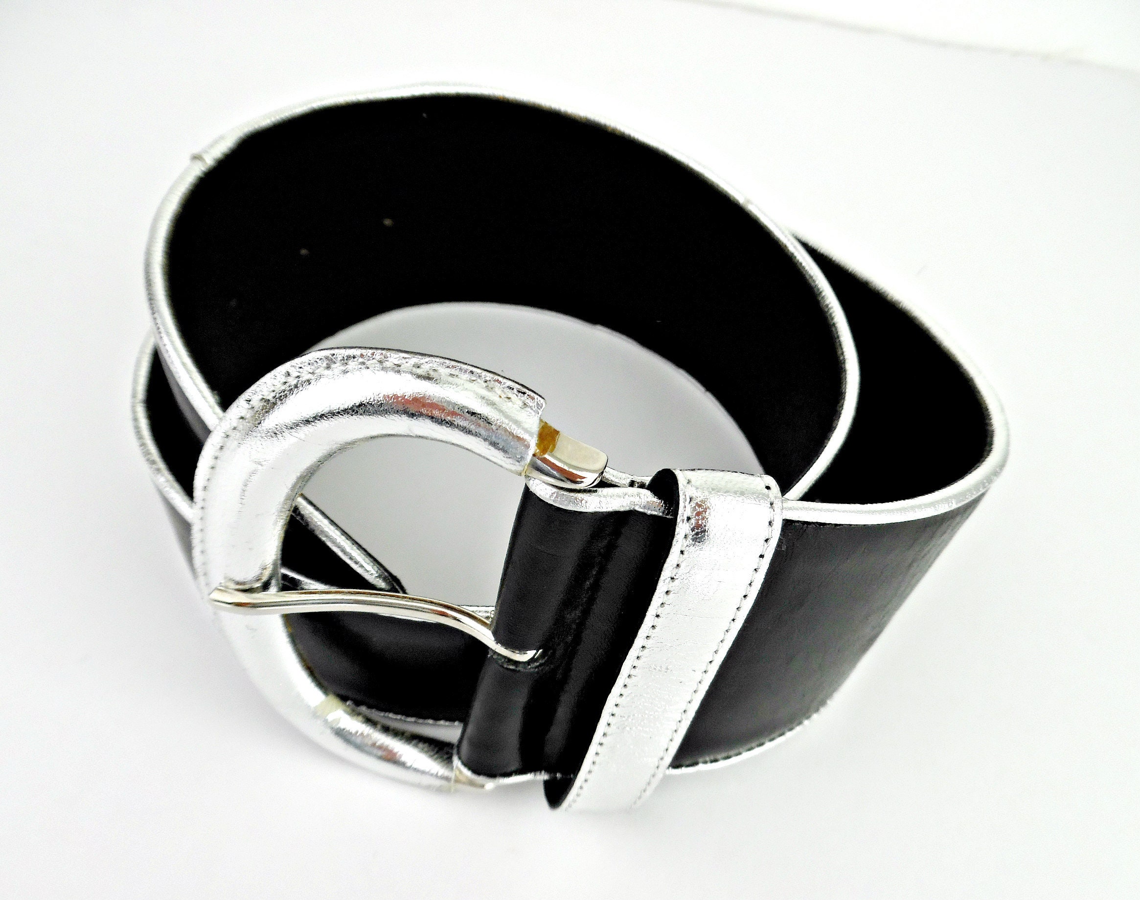 Designer Avignon Women's Black Leather Wide Tapered Belt With Silver Faux  Trim & Buckle, Size M - Yahoo Shopping