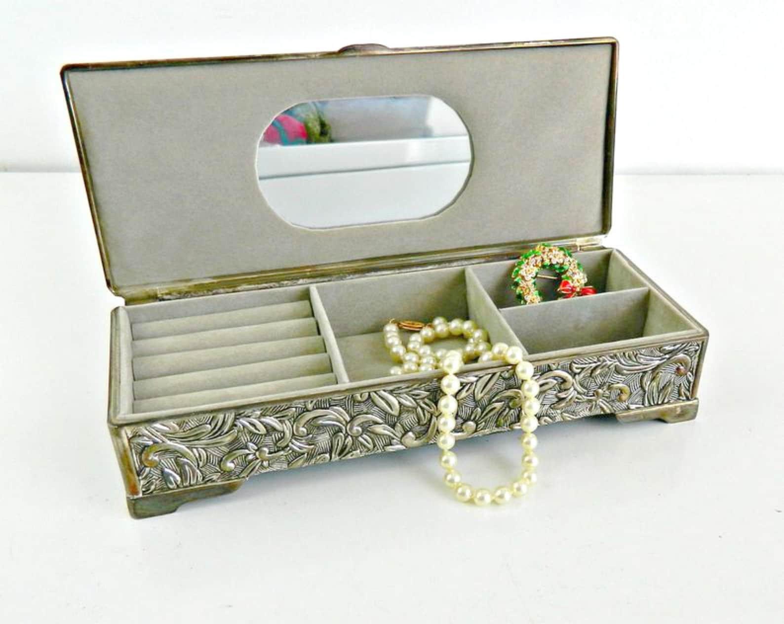 Vintage Godinger Silver Plated Jewelry Box Embossed Floral Etsy