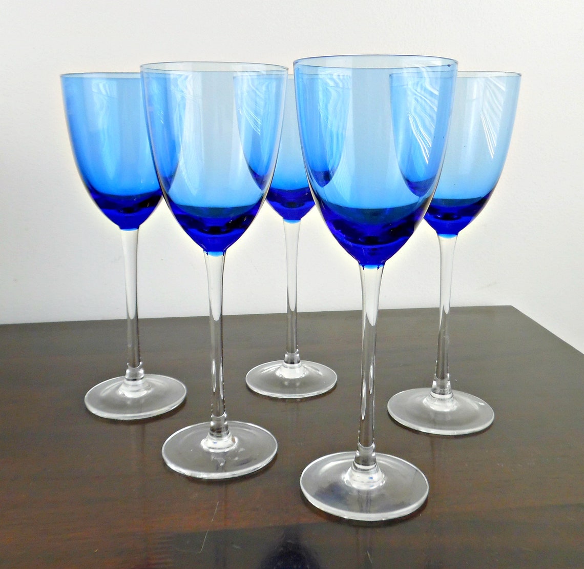 Tall Blue Crystal Wine Glasses Set Of 5 Vintage Etsy