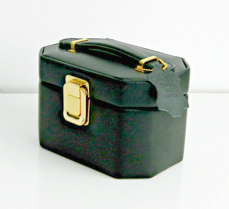 Vintage Jewelry BoxTravel Case with tag Black Split Leather with gold tone hardware grey interior with mirror