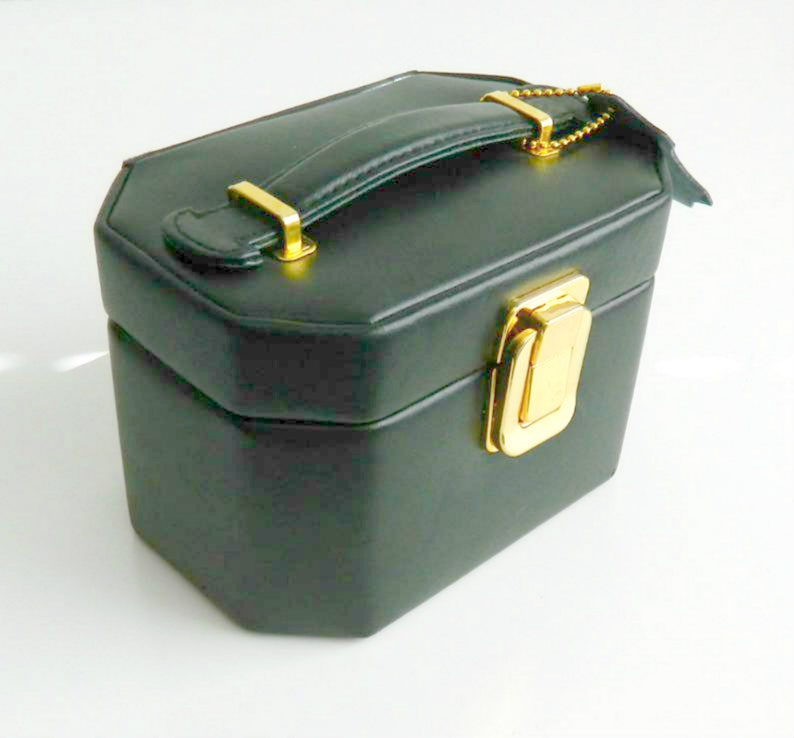 Vintage Jewelry BoxTravel Case with tag Black Split Leather with gold tone hardware grey interior with mirror