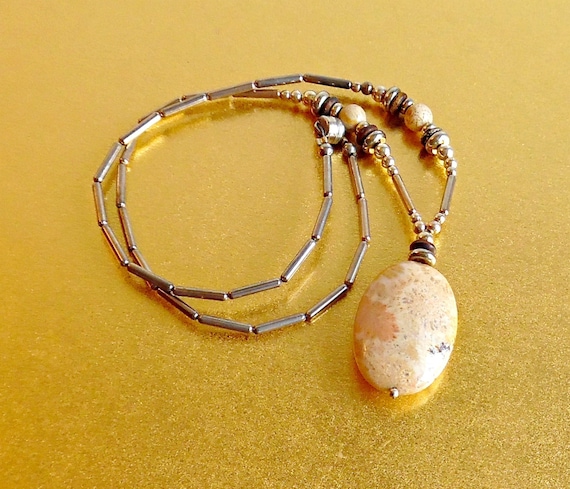 Vintage Silver Beaded Jasper Pendant Necklace - image 1