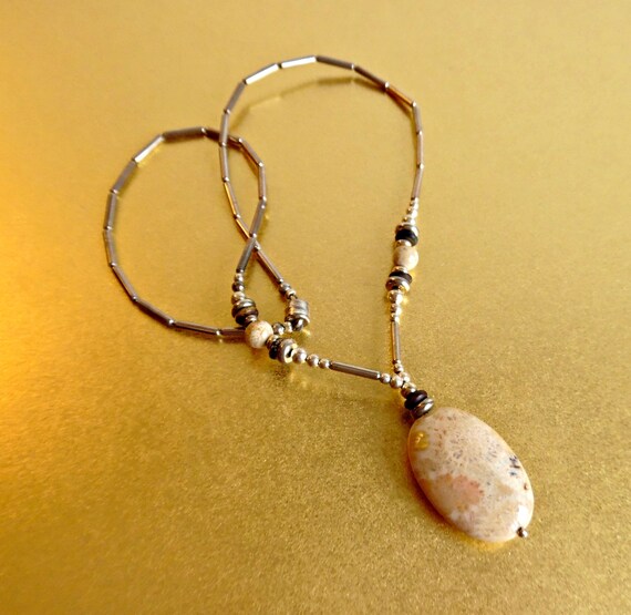 Vintage Silver Beaded Jasper Pendant Necklace - image 3