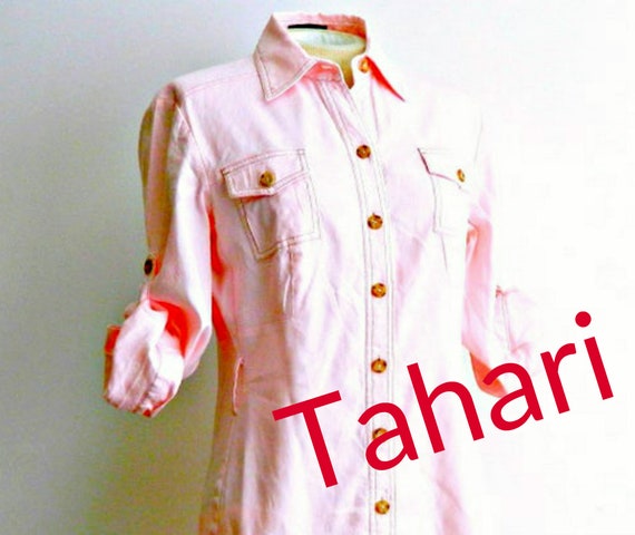 Tahari Pink Linen Shirt Dress, Vintage Designer Su