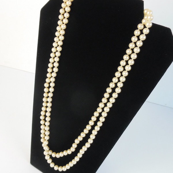 Flapper Length Creamy White Pearls, extra long hand knotted glass faux pearls, 54" String of pearls, vintage jewelry
