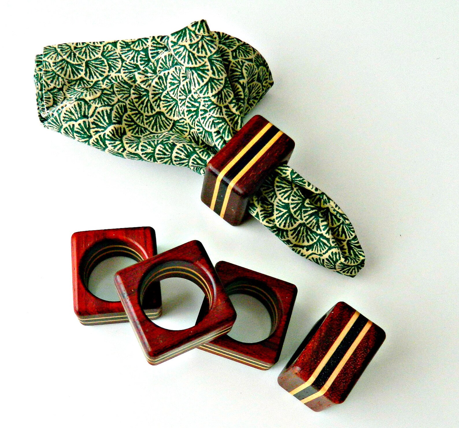 Vintage Wood Napkin Rings Square Inlaid Wood Set of 5 Etsy