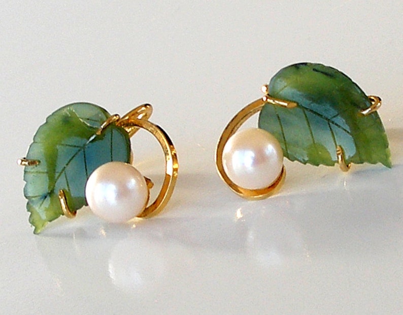 Vintage GF Pearl Earrings Carved Jade Earrings 1960s Jewelry Etsy