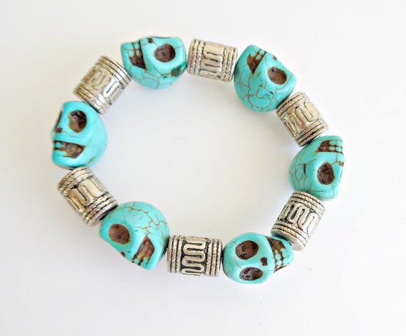 Punky Turquoise Stone Skulls and Silver Barrel Be… - image 2
