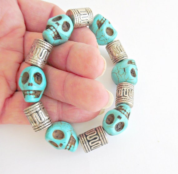Punky Turquoise Stone Skulls and Silver Barrel Be… - image 1