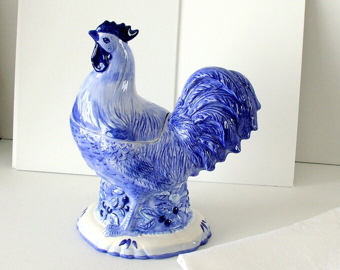 Vintage Rooster Cookie Jar Blue & White French Country Decor Etsy