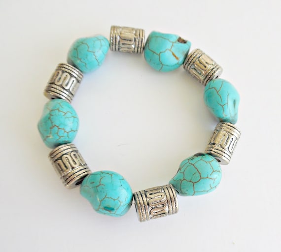 Punky Turquoise Stone Skulls and Silver Barrel Be… - image 3