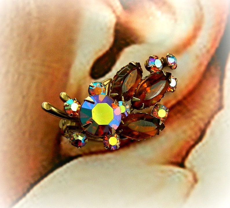 vintage Amber Glass Aurora Borealis Rhinestone Clip Earrings Signed Designer Earrings Ear Climbers