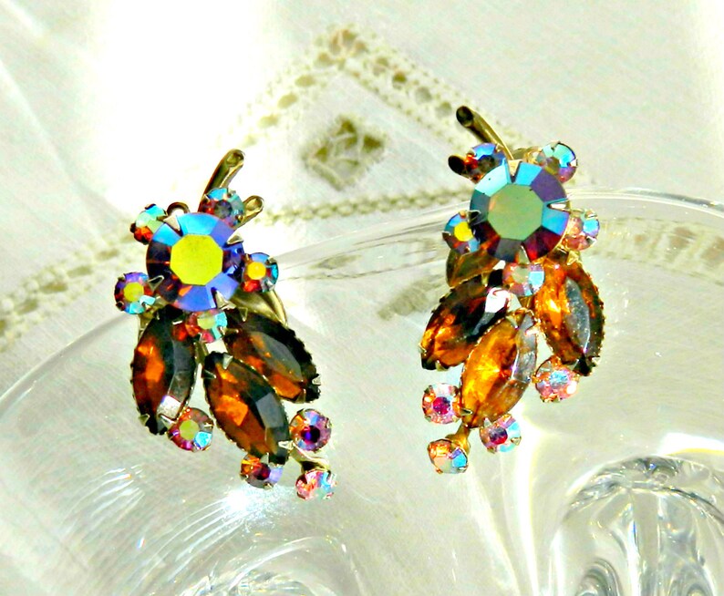 vintage Amber Glass Aurora Borealis Rhinestone Clip Earrings Signed Designer Earrings Ear Climbers