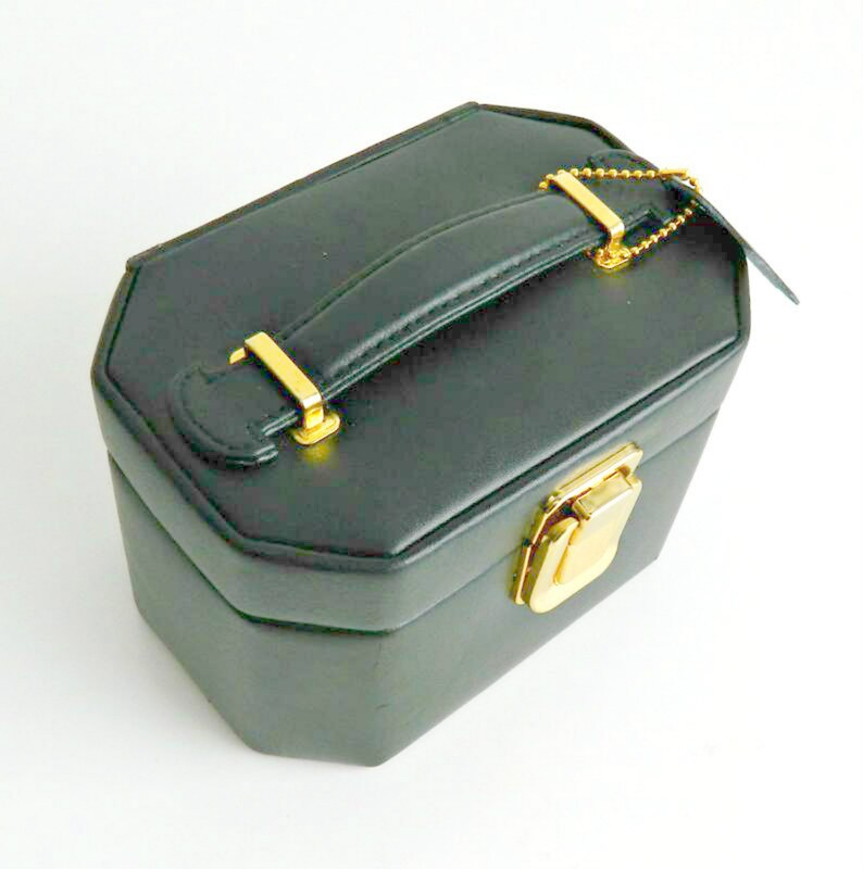 Vintage Jewelry BoxTravel Case with tag Black Split Leather with gold tone hardware grey interior with mirror