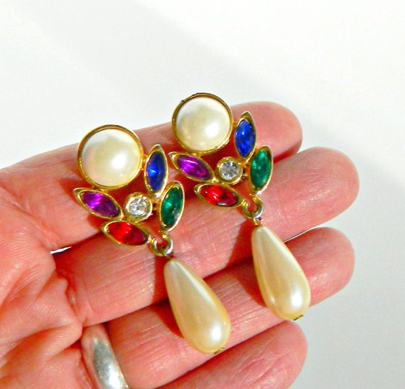 Buy Jeweled Pearl Teardrop Clip on Dangle Earrings Red Green Blue Online in  India 