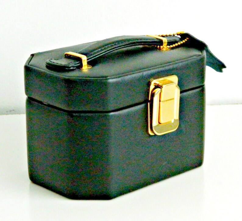 Vintage Jewelry BoxTravel Case with tag Black Split Leather with gold tone hardware grey interior with mirror
