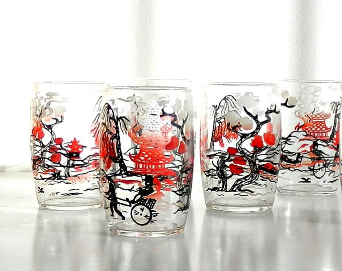 Vintage Tumblers Japanese Print Red & Black Juice Glasses Asian