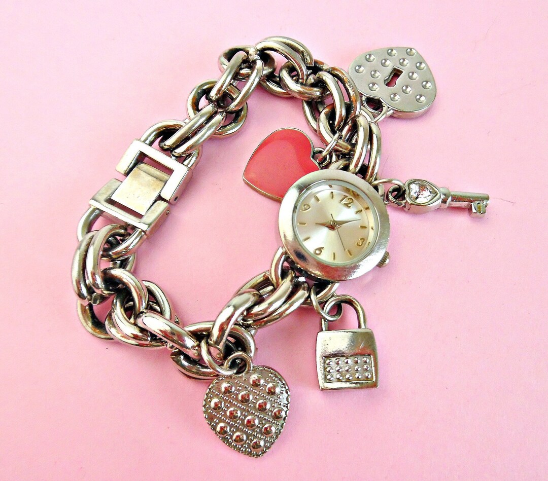 Hearts Charm Bracelet Watch Silver Tone Chunky Chain Bracelet Etsy