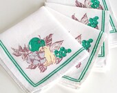 Vintage Napkins 1940s Fruit Print Set of 4 White Linen Green Brown Yellow