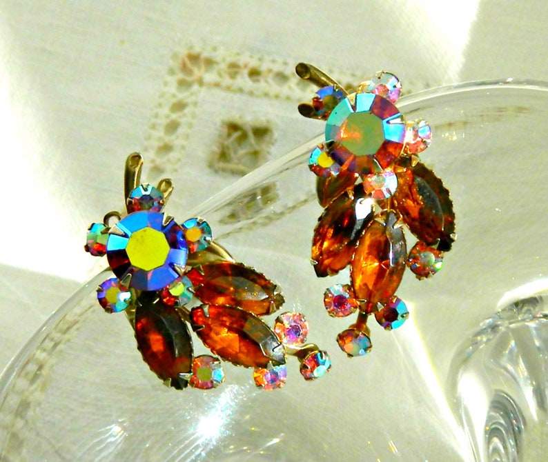 vintage Amber Glass Aurora Borealis Rhinestone Clip Earrings Signed Designer Earrings Ear Climbers