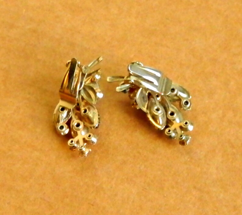 vintage Amber Glass Aurora Borealis Rhinestone Clip Earrings Signed Designer Earrings Ear Climbers