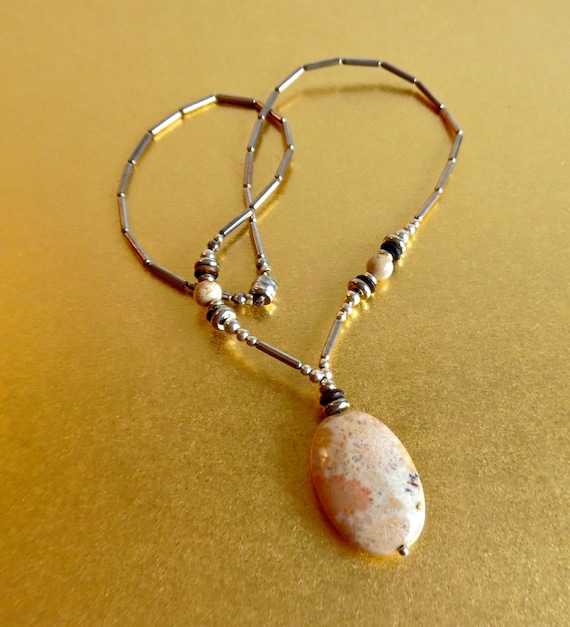 Vintage Silver Beaded Jasper Pendant Necklace - image 2