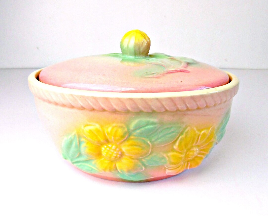 Mid Century USA Pottery Oven Proof Casserole, Pink With Yellow Flowers